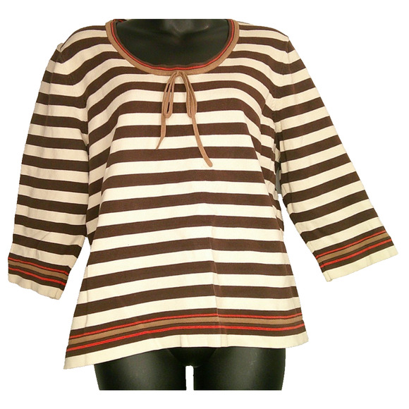 CJ Banks Women's 1X Round Neck Brown/White Striped Blouse with front tie 3/4 Sle - Picture 2 of 7